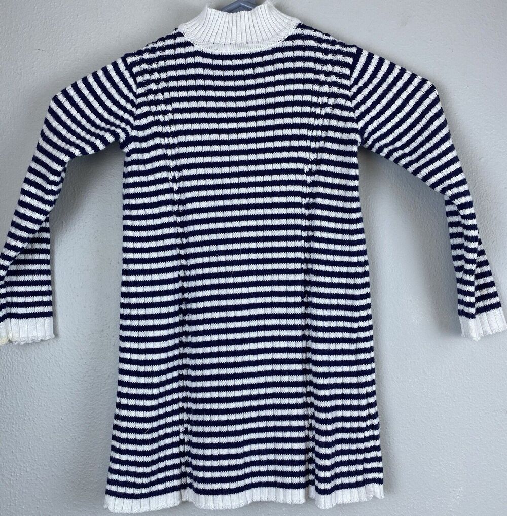 Janie And Jack Sz 3 LS Blue And White Striped Ribbed Mock Neck Sweater Dress